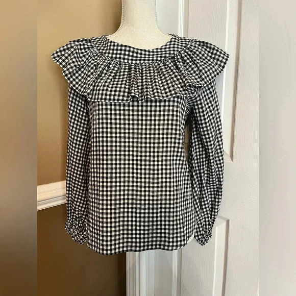 Zara Gingham printed Ruffled black/ white Blouse size S‎ - Picture 3 of 11